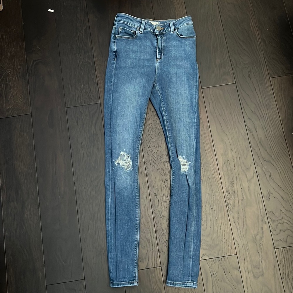 ASOS RIDLEY High Waist Skinny Jeans w Ripped Knees in Dark Wash Blue / W 25 L 34